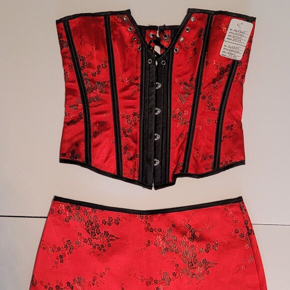 Women Lace Up Red/Black Bustier Corset & Skirt Burlesque Top Waist Cincher - Picture 1 of 5